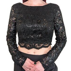 Jodi Kristopher Black Sequin Lace Crop Top Long-Sleeved | 7